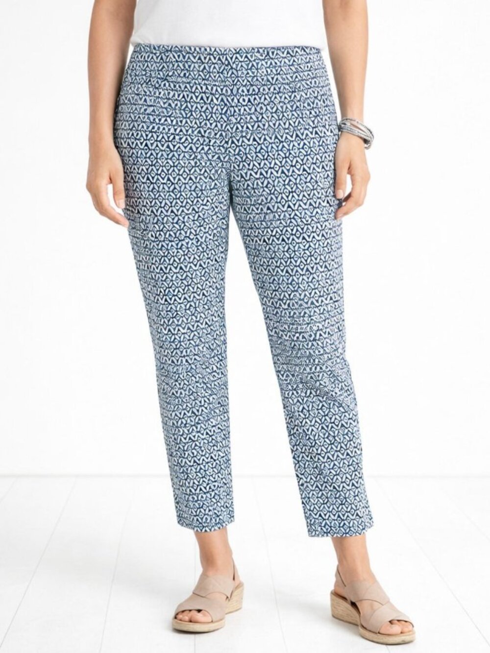Chicos So Slimming Brigitte Ankle Pants Womens 12 Tall 2T Blue Geometric Pull-On